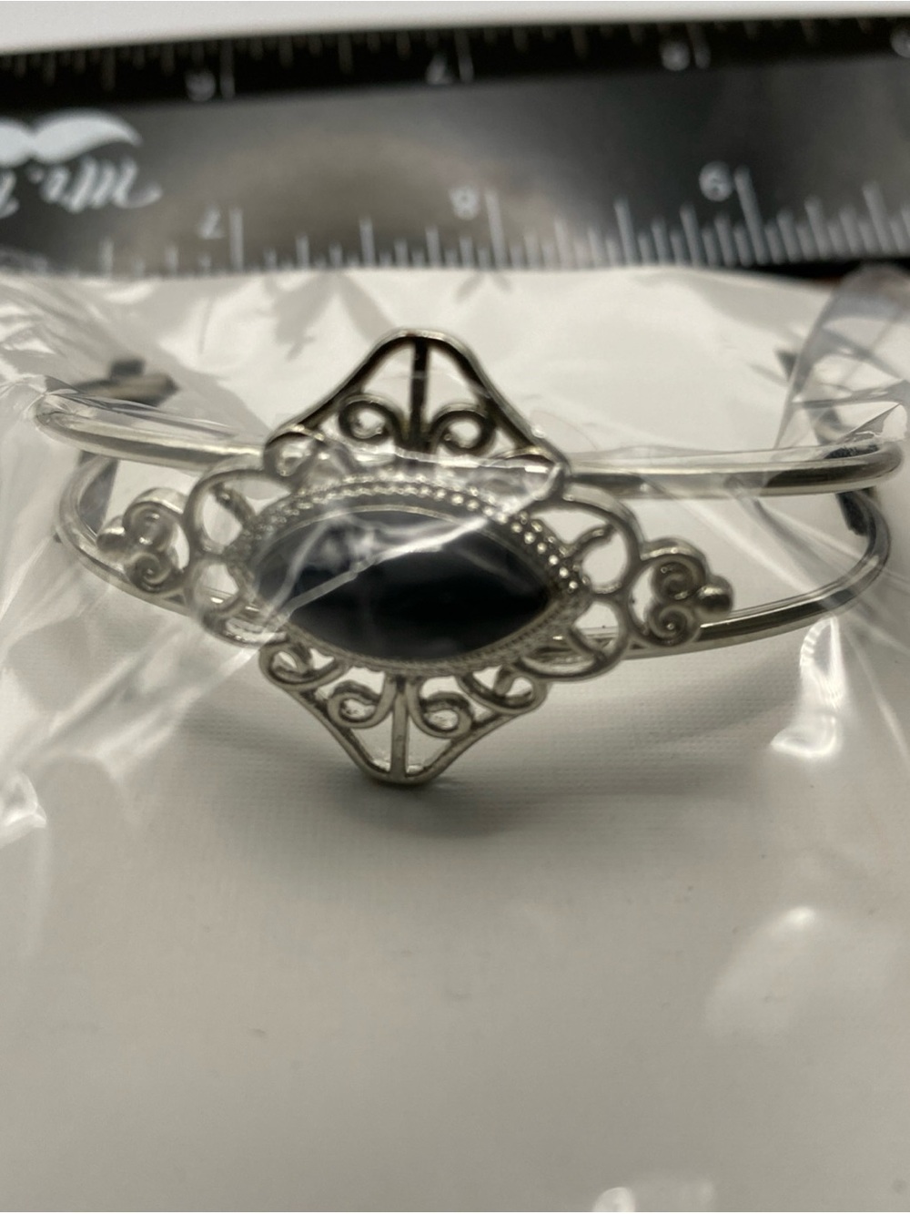 Toni Black Onyx Filigree Open Cuff Bangle Bracelet Silver Tone NEW in Package